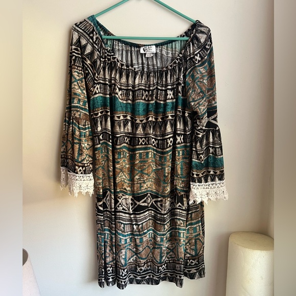 christian caliendo Dresses & Skirts - Patterned dress, crocheted sleeves- Egyptian style pattern, like hieroglyphics